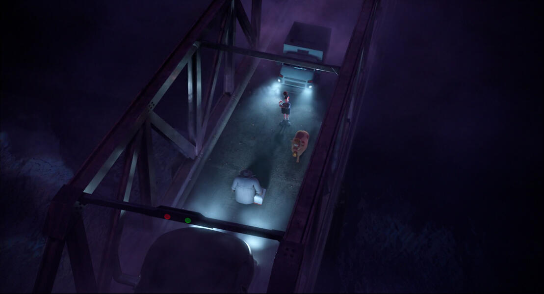 "River Bridge" environment rough layout and 3D model The Garfield Movie