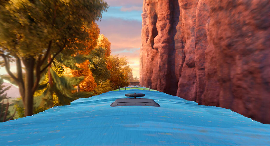"Train Ride" procedural 3D models (cliff wall and rocks), scattered tree cards, sky and clouds matte painting The Garfield Movie