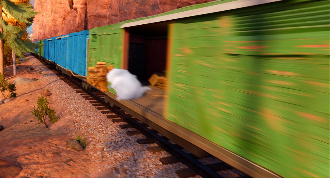 "Train Ride" procedural 3D models (cliff wall and rocks), scattered tree cards, sky and clouds matte painting The Garfield Movie